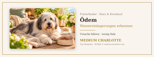 Ödem beim Hund – älterer Bobtail liegt ruhig auf einer hellen Decke im Wohnzimmer, daneben ein Napf mit Feuchtfutter