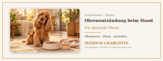 Ohrenentzündung beim Hund – Cocker Spaniel mit langen Ohren sitzt auf einem Teppich neben seinem Futternapf und einer Schale Karotten
