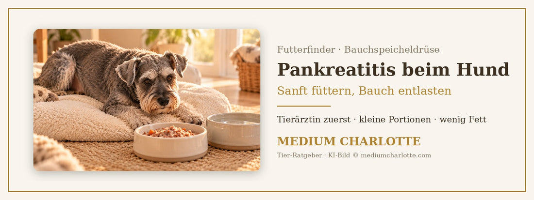 Pankreatitis beim Hund – Zwergschnauzer liegt ruhig auf einem weichen Kissen neben seinem Futternapf