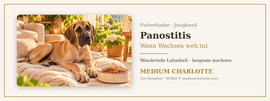 Panostitis beim Junghund – junge Deutsche Dogge liegt auf einer weichen Decke, daneben ein Napf mit Feuchtfutter