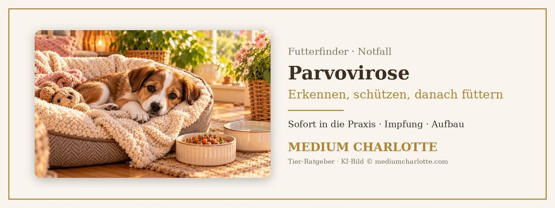 Parvovirose beim Hund – junger Mischlingshund erholt sich eingekuschelt in einer weichen Decke, daneben ein kleiner Napf