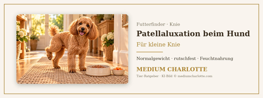 Patellaluxation beim Hund – Pudel hebt kurz ein Hinterbein an und steht auf einem Teppich neben seinem Futternapf