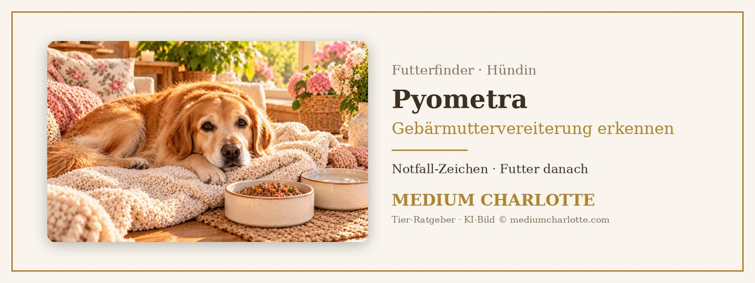 Pyometra beim Hund – Golden-Retriever-Hündin ruht sich auf einer weichen Decke im hellen Wohnzimmer aus, daneben ein Napf