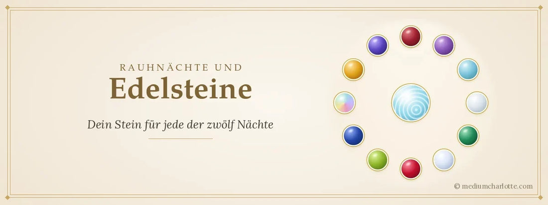 Titelbild: Rauhnächte und Edelsteine – Kreis aus zwölf Monatssteinen mit dem Larimar in der Mitte (gestaltet von Medium Charlotte)
