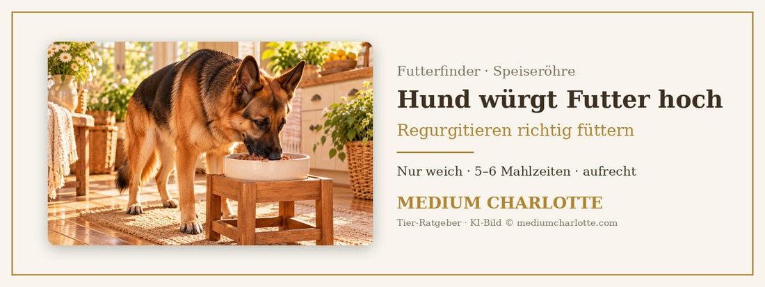 Hund würgt Futter hoch – Schäferhund frisst aus einem erhöhten Napf auf einem Holzständer in einer hellen Küche