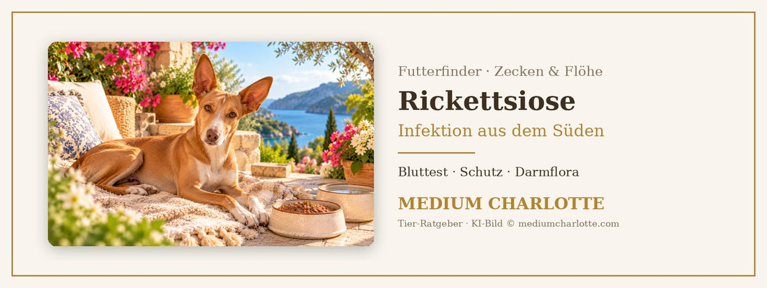 Rickettsiose beim Hund – Mischling ruht auf einer Decke auf einer sonnigen Terrasse, daneben ein Napf mit Feuchtfutter