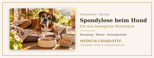 Spondylose beim Hund – älterer Boxer liegt auf einem orthopädischen Hundebett auf einer sonnigen Veranda neben seinem Futternapf