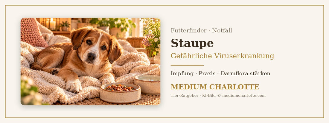 Staupe beim Hund – junger Mischlingshund liegt auf einer weichen Decke, daneben ein Napf mit Feuchtfutter