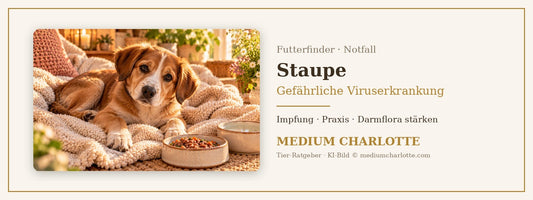 Staupe beim Hund – junger Mischlingshund liegt auf einer weichen Decke, daneben ein Napf mit Feuchtfutter