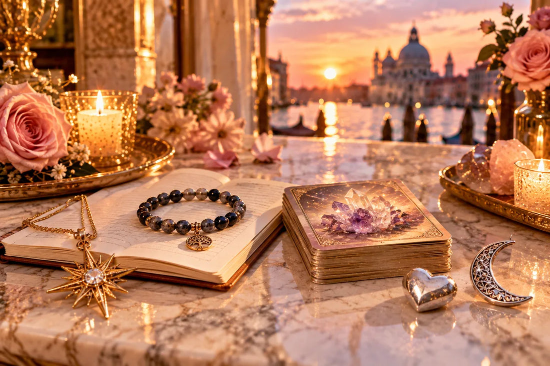 Stern-Anhänger, Steinarmband, Kartendeck, Herz und Mondsichel auf Marmor vor Venedig – Sternzeichen-Geschenke für Frauen (KI-erstelltes Bild)