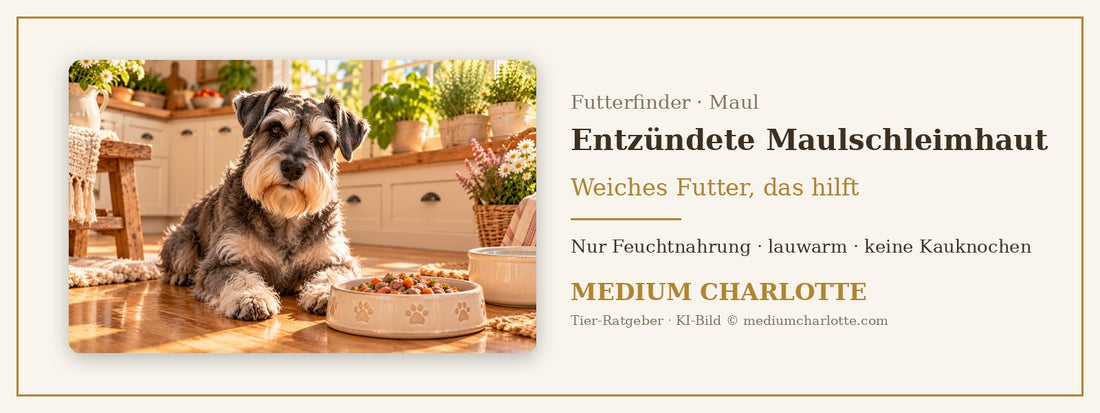 Stomatitis beim Hund – älterer Zwergschnauzer sitzt in einer hellen Küche vor einem Napf mit weichem Feuchtfutter