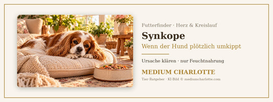 Synkope beim Hund – Cavalier King Charles Spaniel liegt entspannt auf einem Kissen, daneben ein Napf mit Feuchtfutter