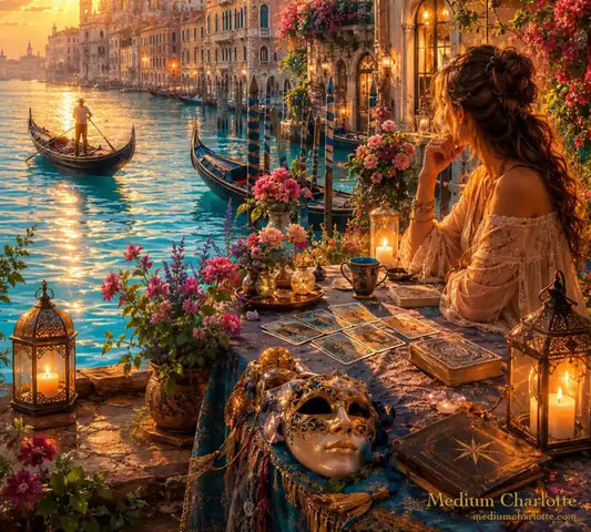 Tarotkarten Bedeutung – Frau legt Tarotkarten am Canal Grande in Venedig, venezianische Maske und Laternen, Medium Charlotte
