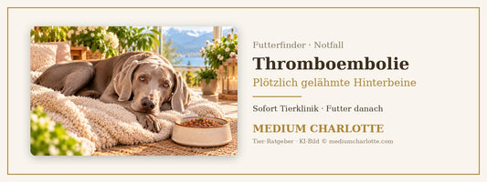 Thromboembolie beim Hund – Weimaraner ruht auf einer weichen Decke in einem hellen Raum, daneben ein Napf mit Feuchtfutter