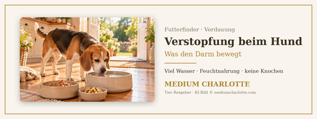 Verstopfung beim Hund – Beagle trinkt aus einer grossen Wasserschüssel neben Feuchtfutter und Gemüseflocken