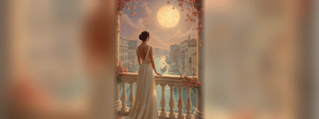 Vollmond-Ritual zum Loslassen – Frau auf venezianischem Balkon unter dem Vollmond (KI-gestaltet)