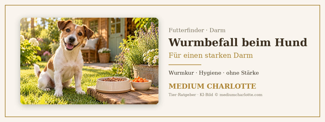 Wurmbefall beim Hund – fröhlicher Jack Russell sitzt im Garten neben seinem Futternapf und einer Schale Karotten