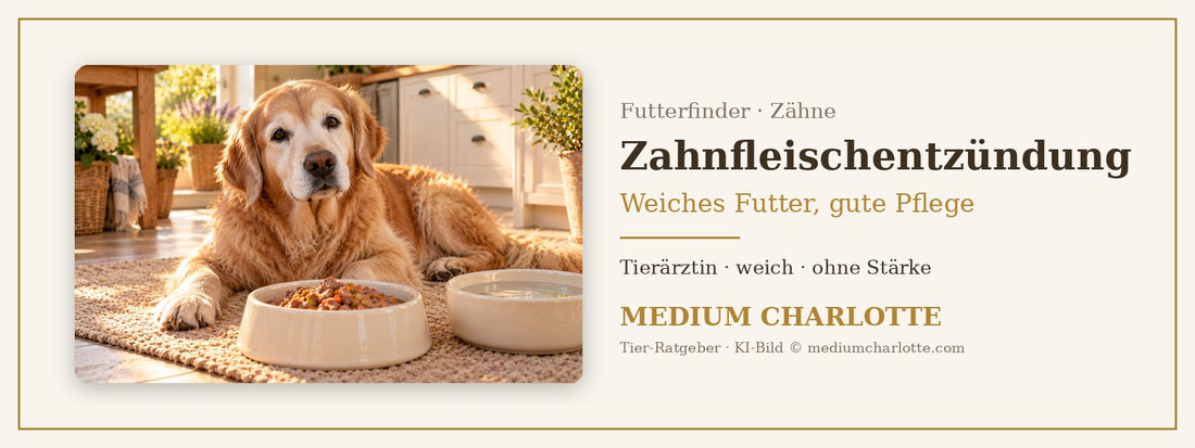 Zahnfleischentzündung beim Hund – älterer Golden Retriever liegt in einer hellen Küche vor einem Napf mit weichem Feuchtfutter