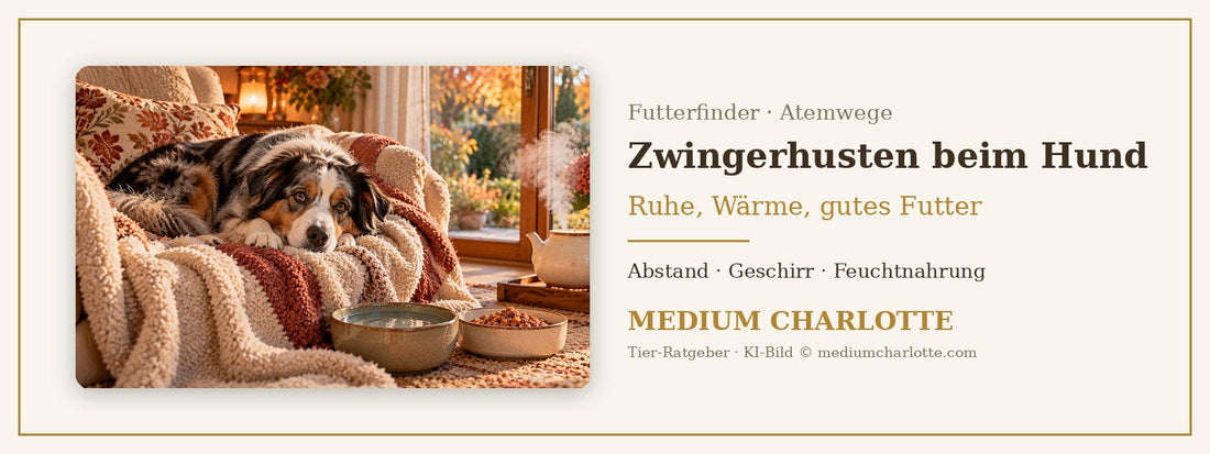 Zwingerhusten beim Hund – Australian Shepherd ruht eingekuschelt in einer Decke auf dem Sofa, daneben Wasser und Feuchtfutter