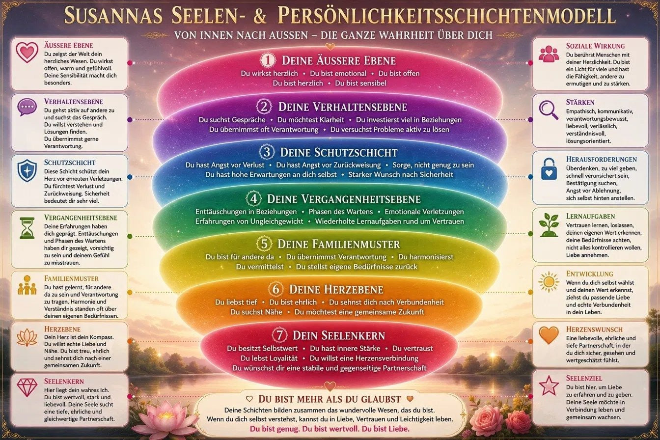 Dein Seelenbild – persönliches Seelen- und Persönlichkeitsschichtenmodell mit äusserer Ebene, Schutzschicht, Herzebene und Seelenkern, gestaltet von Medium Charlotte