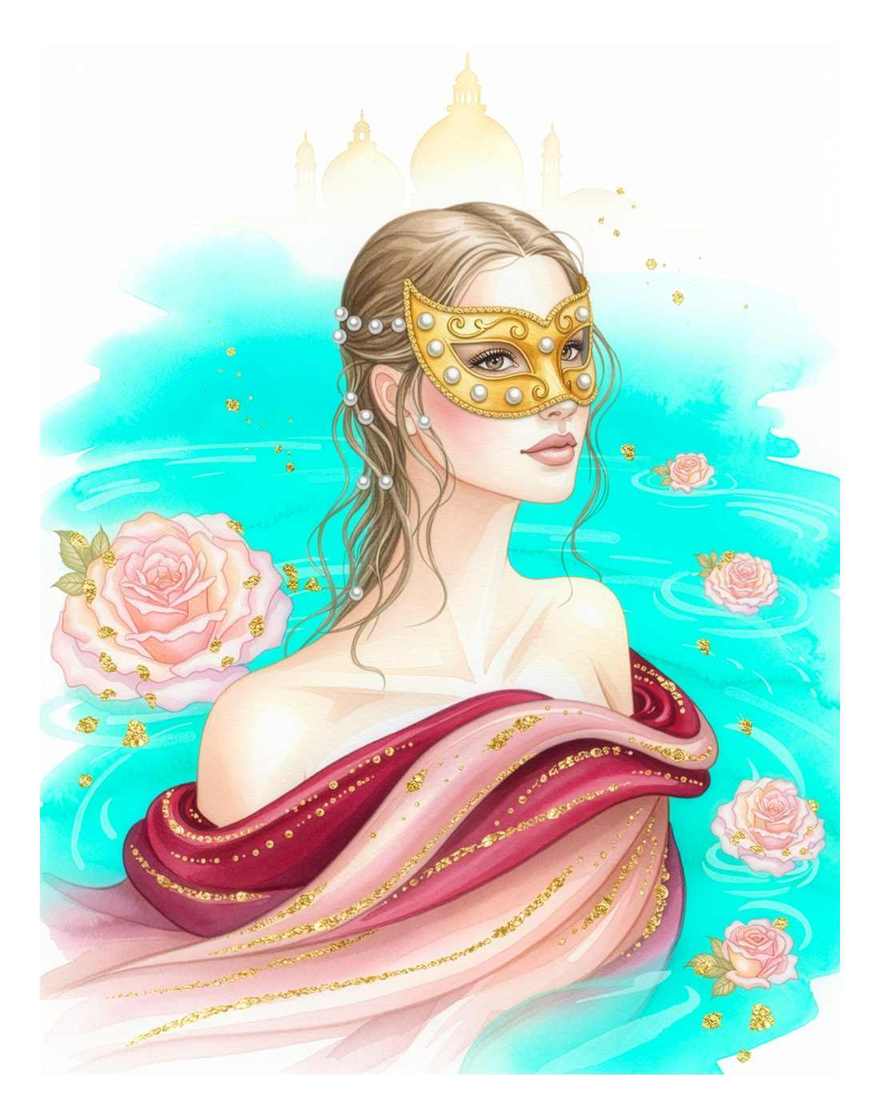 Anima della Laguna – Venetian Wall Art Print, Woman with Golden Mask in Turquoise Lagoon (Printable)