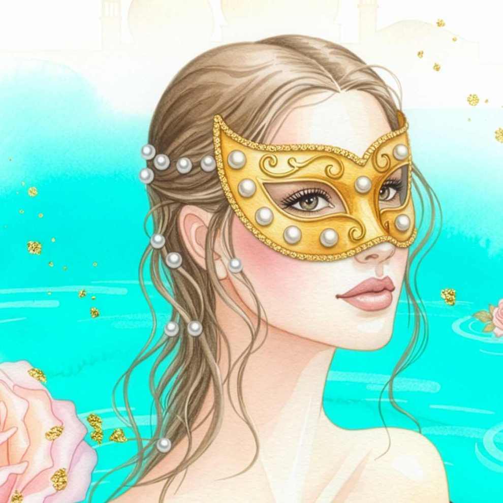 Anima della Laguna – Venetian Wall Art Print, Woman with Golden Mask in Turquoise Lagoon (Printable)