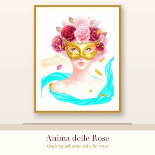 Anima delle Rose – Venetian Wall Art Print, Golden Mask with Roses (Printable)