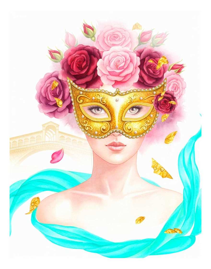 Anima delle Rose – Venetian Wall Art Print, Golden Mask with Roses (Printable)