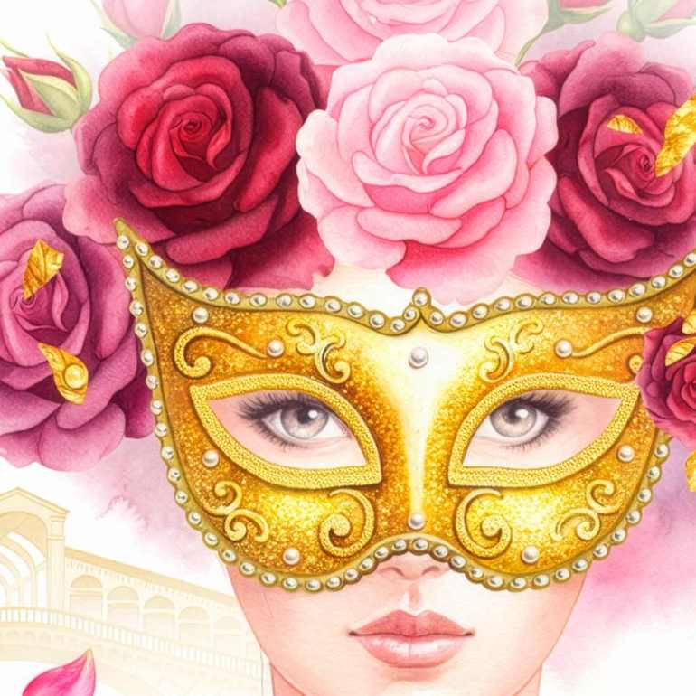 Anima delle Rose – Venetian Wall Art Print, Golden Mask with Roses (Printable)
