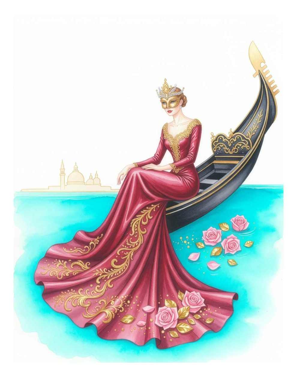 Anima in Gondola – Venetian Wall Art Print, Masked Lady in a Gondola (Printable)