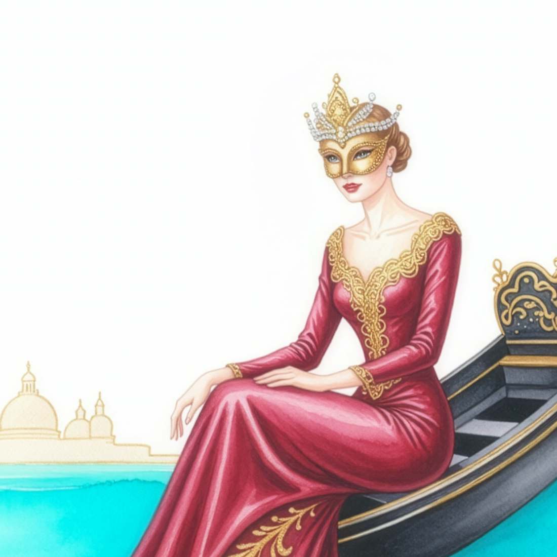 Anima in Gondola – Venetian Wall Art Print, Masked Lady in a Gondola (Printable)