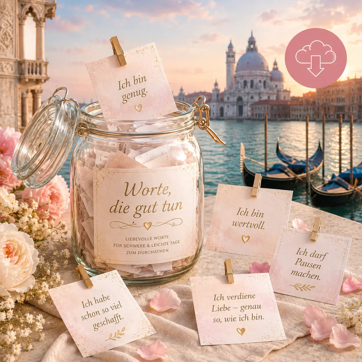 Glas mit gefalteten Affirmationskarten und Etikett „Worte, die gut tun“ vor venezianischer Kulisse mit Rosen – Divine Whispers Affirmationen im Glas