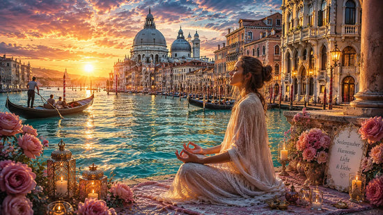 Frau meditiert bei Sonnenaufgang am Canal Grande in Venedig zwischen Rosen und Kerzen – innere Ruhe, Gelassenheit und neue Lebenskraft finden