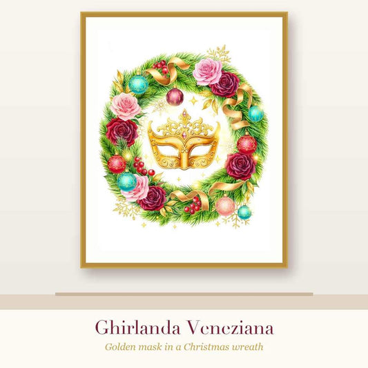 Ghirlanda Veneziana – Golden Mask Christmas Wreath Wall Art Print (Printable)
