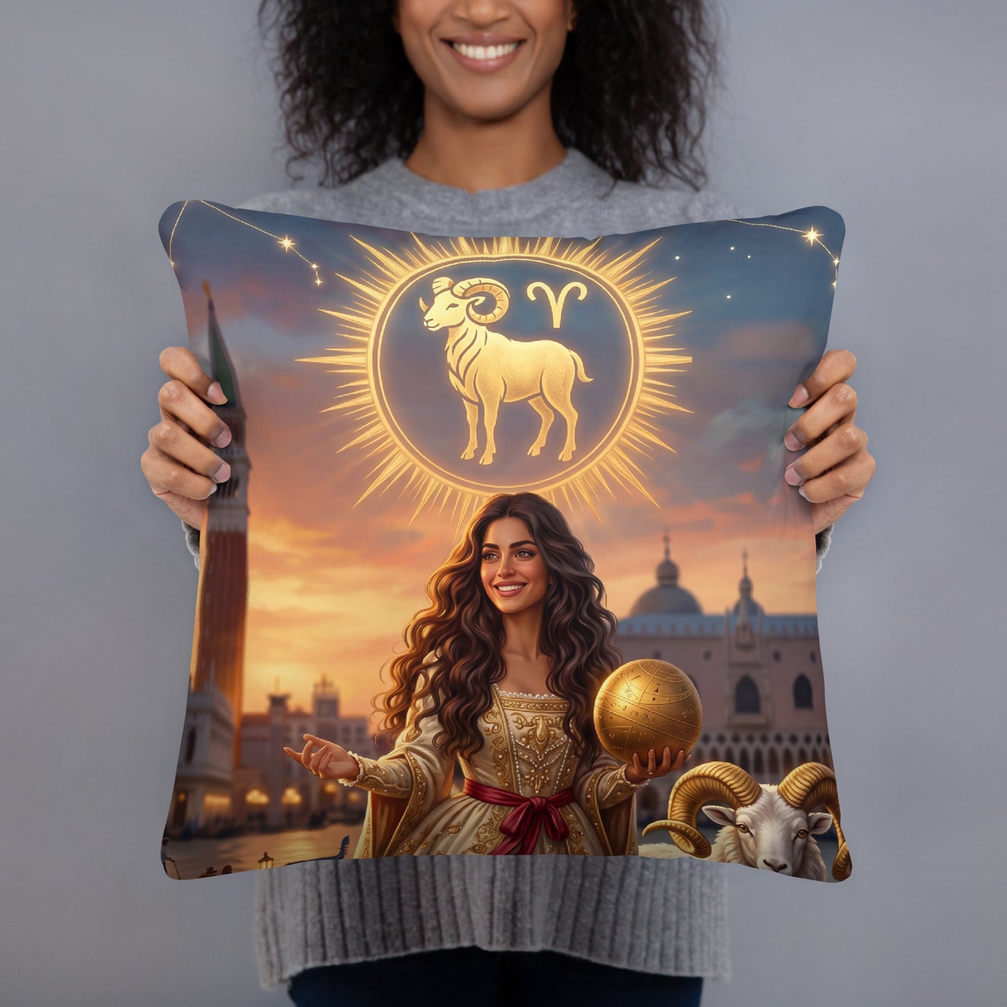 Sternzeichen Widder Kissen – venezianische Göttin mit weißem Widder auf weichem Premium-Kissen, Venetian Zodiac
