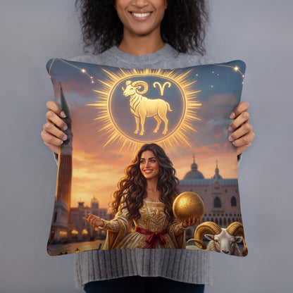 Sternzeichen Widder Kissen – venezianische Göttin mit weißem Widder auf weichem Premium-Kissen, Venetian Zodiac