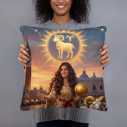 Sternzeichen Widder Kissen – venezianische Göttin mit weißem Widder auf weichem Premium-Kissen, Venetian Zodiac