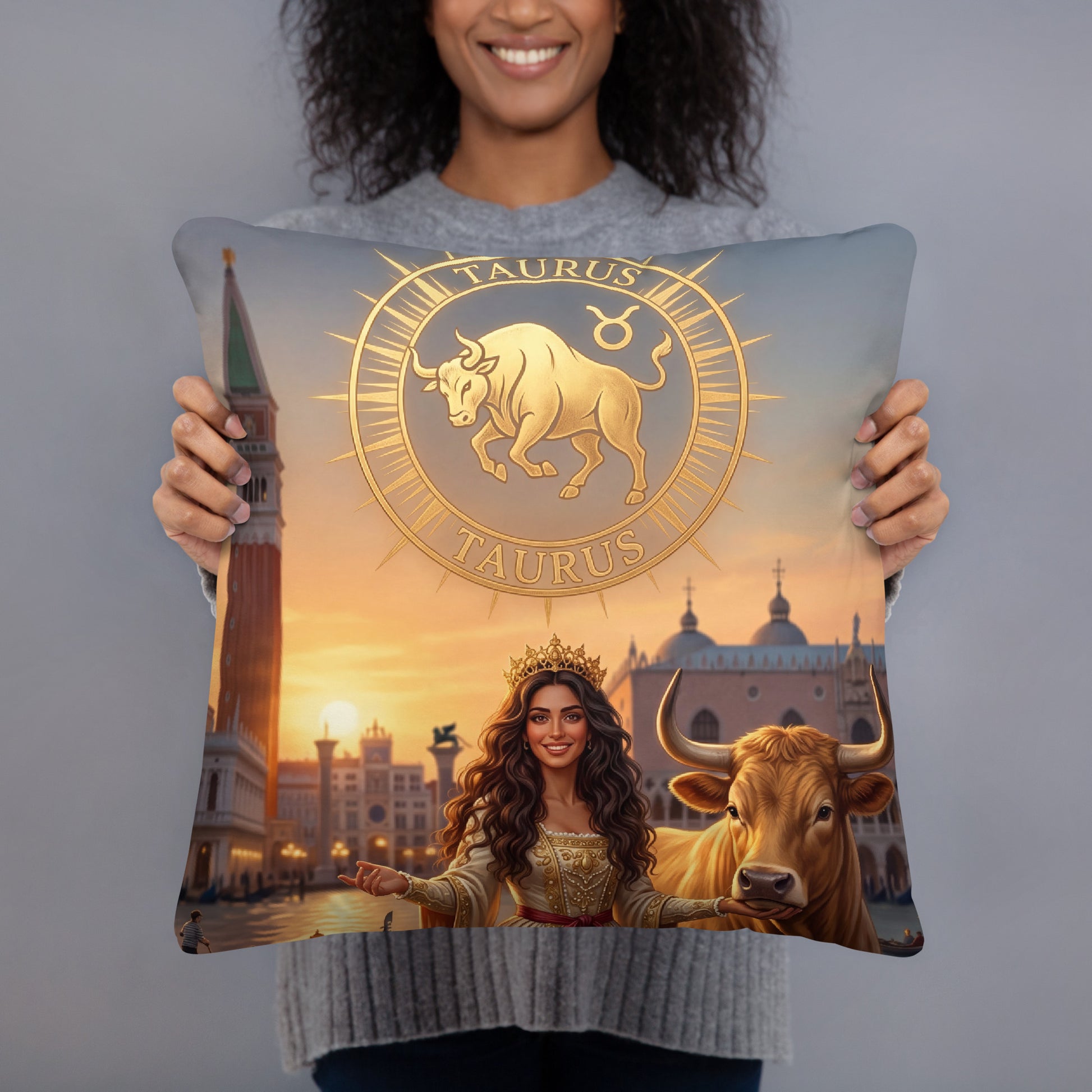 Sternzeichen Stier Kissen – venezianische Göttin mit goldenem Stier auf weichem Premium-Kissen, Venetian Zodiac