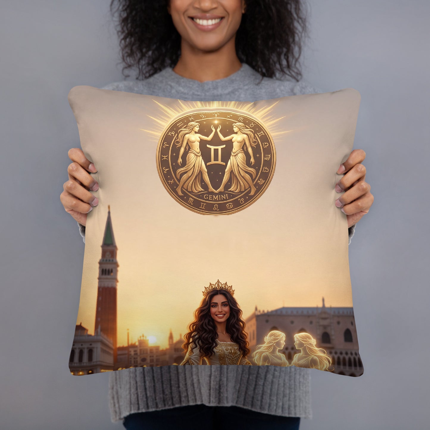 Sternzeichen Zwillinge Kissen – venezianische Göttin mit Zwillingsschwestern auf weichem Premium-Kissen, Venetian Zodiac