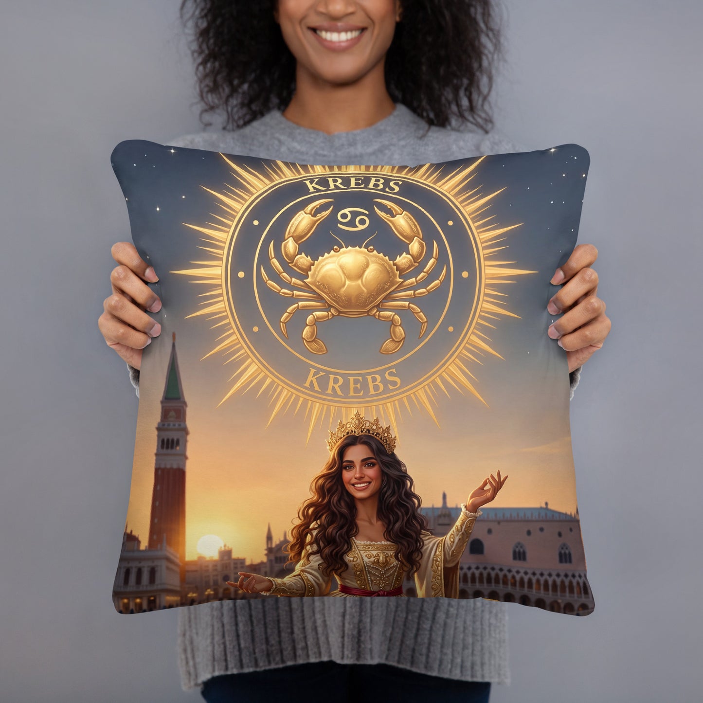 Sternzeichen Krebs Kissen – venezianische Göttin mit goldenem Krebs auf weichem Premium-Kissen, Venetian Zodiac