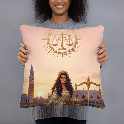 Sternzeichen Waage Kissen – venezianische Göttin mit goldener Waage auf weichem Premium-Kissen, Venetian Zodiac