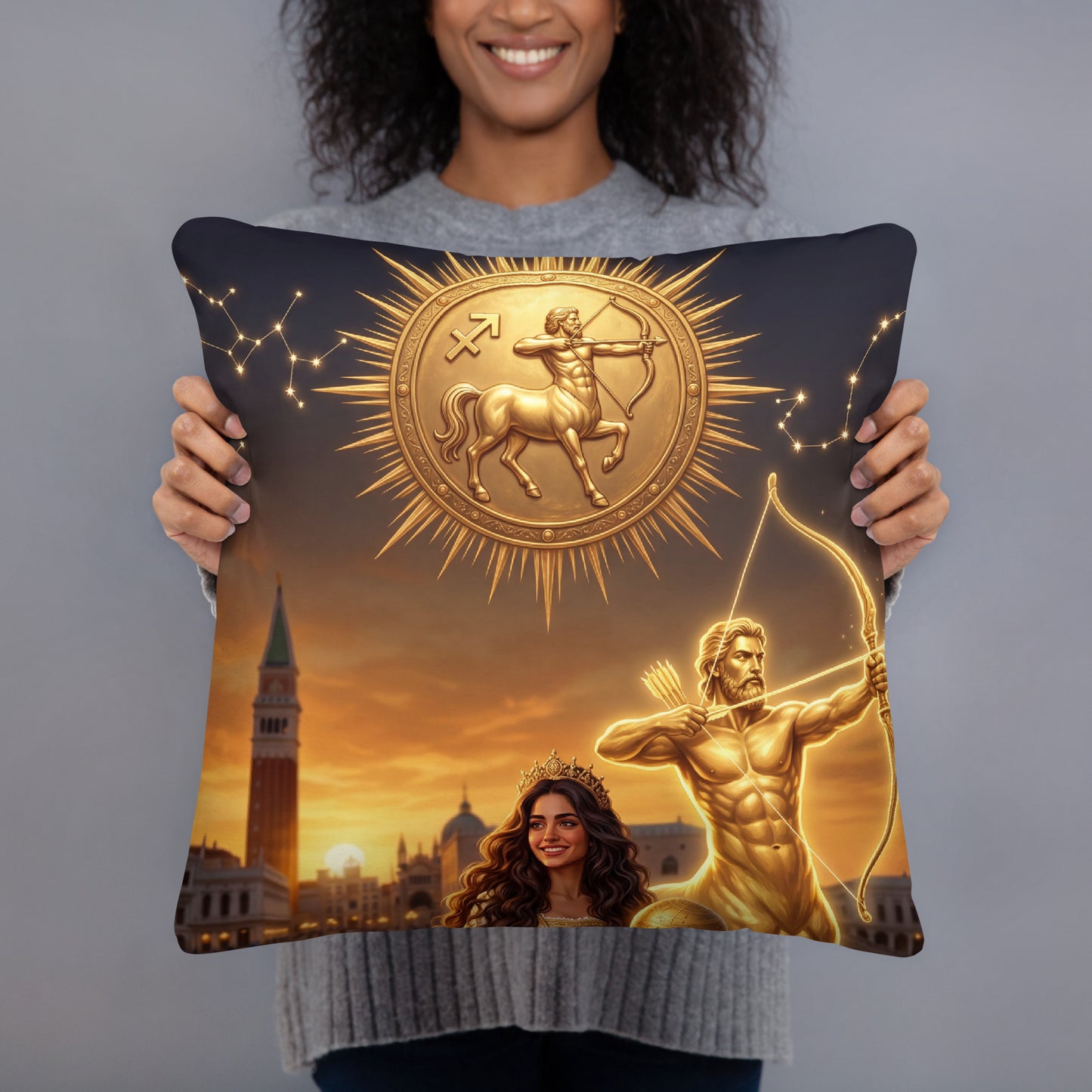 Sternzeichen Schütze Kissen – venezianische Göttin mit goldenem Zentaur auf weichem Premium-Kissen, Venetian Zodiac