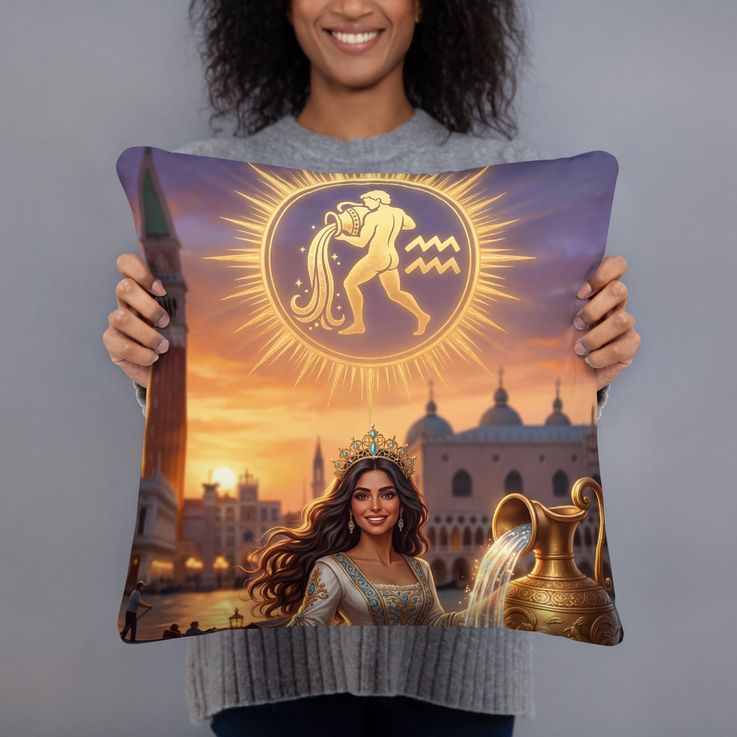 Sternzeichen Wassermann Kissen – venezianische Göttin mit goldener Amphore auf weichem Premium-Kissen, Venetian Zodiac
