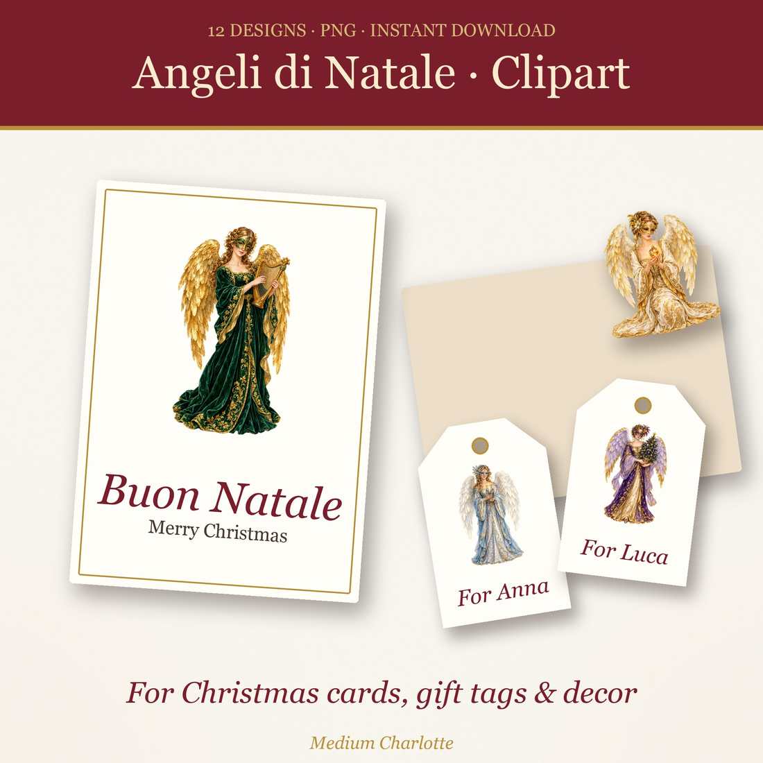 Venetian Christmas Angels Clipart – 12 Transparent PNG