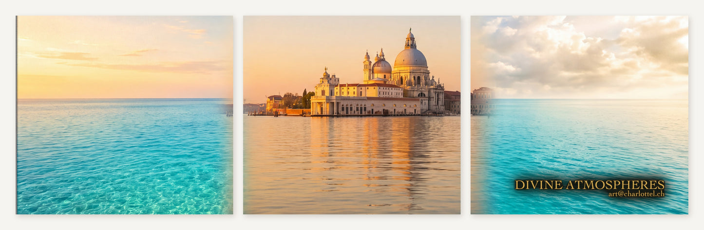 Divine Atmospheres – Triptychon «Venezia» 3er-Poster-Set: Sonnenaufgang, Salute, Himmelslicht mit Goldsignatur