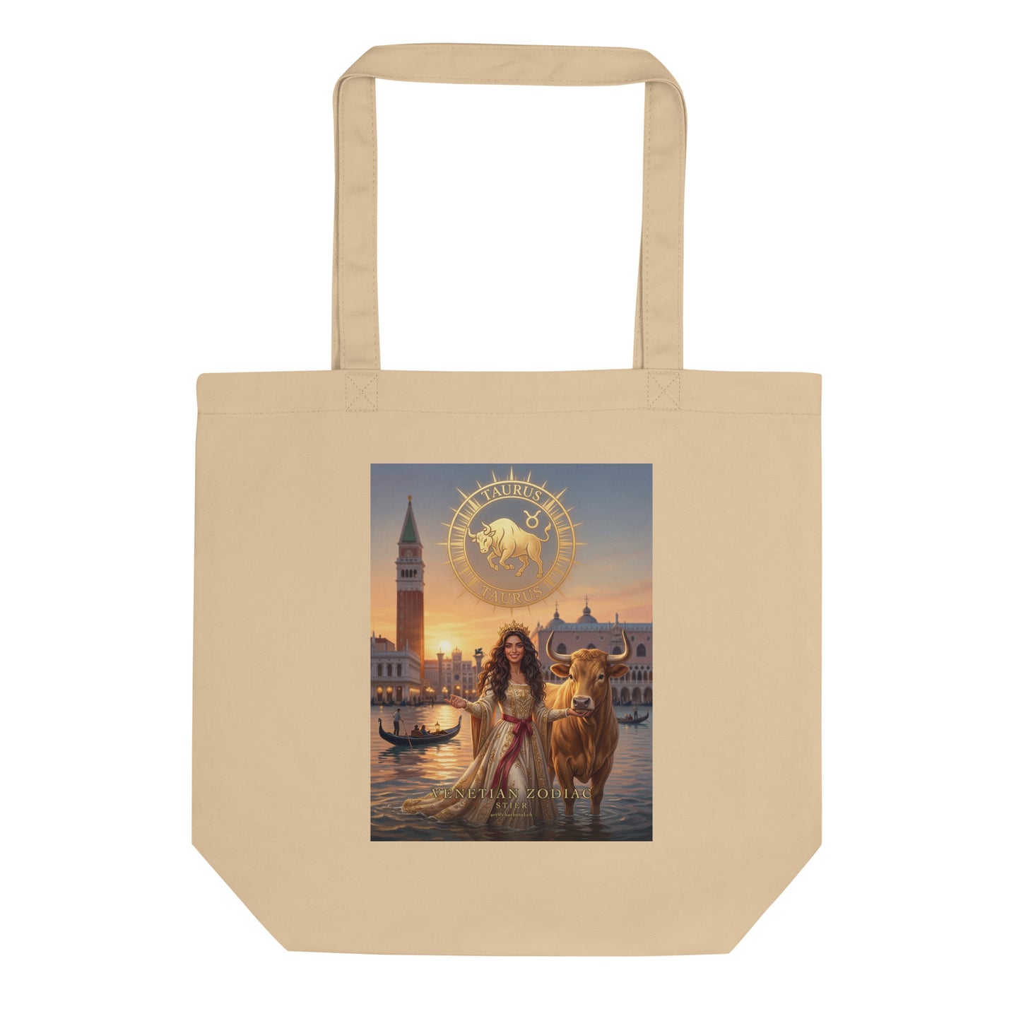 Sternzeichen Stier Stofftasche – venezianische Göttin mit goldenem Stier auf Bio-Baumwoll-Tasche in Oyster, Venetian Zodiac