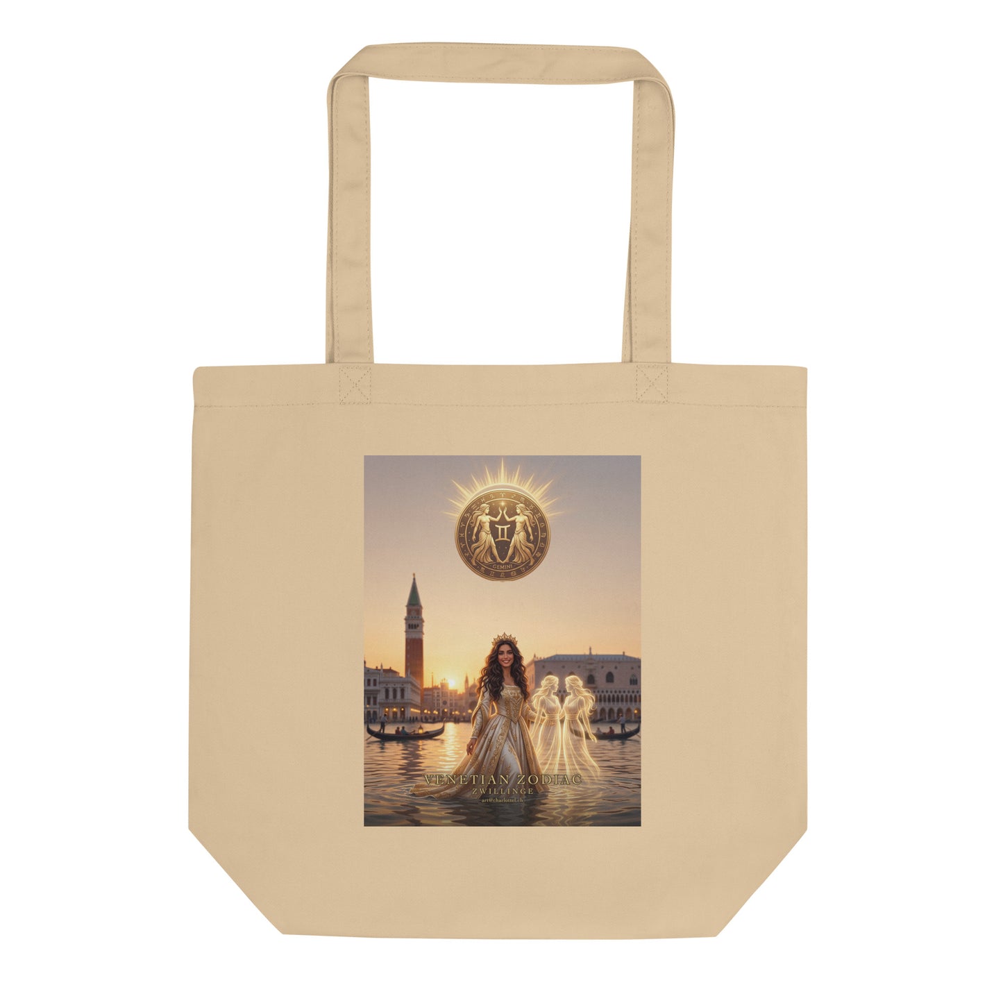 Sternzeichen Zwillinge Stofftasche – venezianische Göttin mit Zwillingsschwestern auf Bio-Baumwoll-Tasche in Oyster, Venetian Zodiac