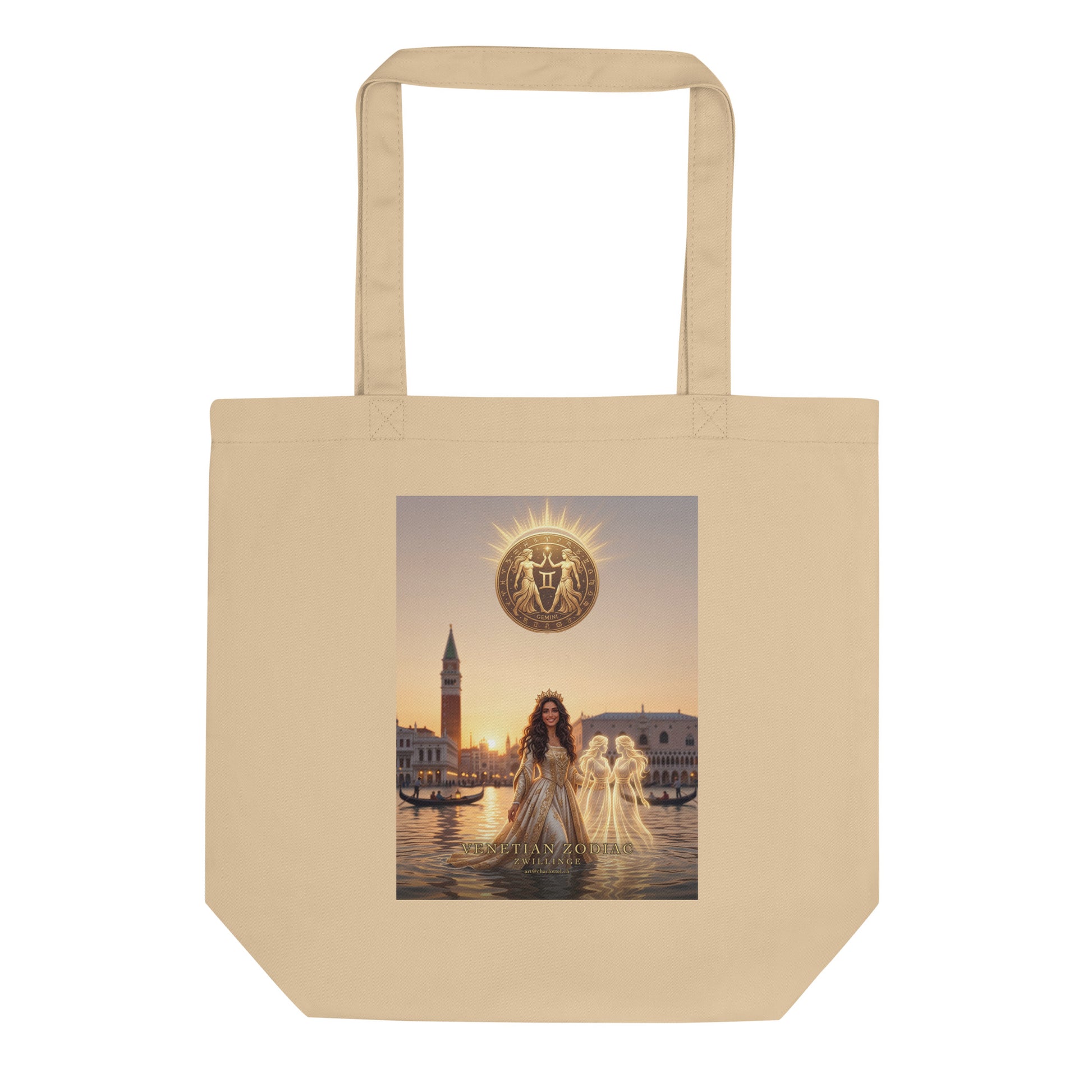 Sternzeichen Zwillinge Stofftasche – venezianische Göttin mit Zwillingsschwestern auf Bio-Baumwoll-Tasche in Oyster, Venetian Zodiac