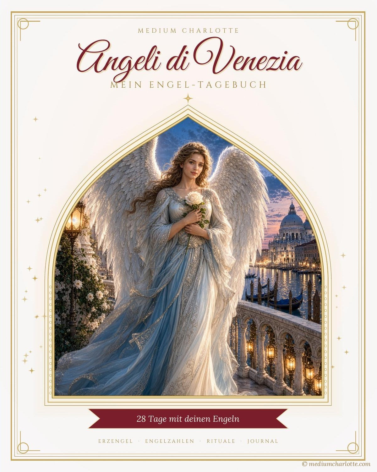 Cover des Engel-Tagebuchs «Angeli di Venezia» von Medium Charlotte: ein Engel in hellblauem Kleid mit weisser Rose in einem goldenen Bogenfenster vor Venedig (KI-Bild)