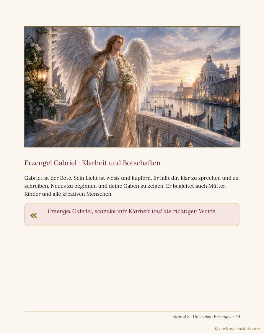 Innenseite: Erzengel Raphael in grünem Gewand mit heilendem Licht, darunter Text und Gebet (KI-Bild)